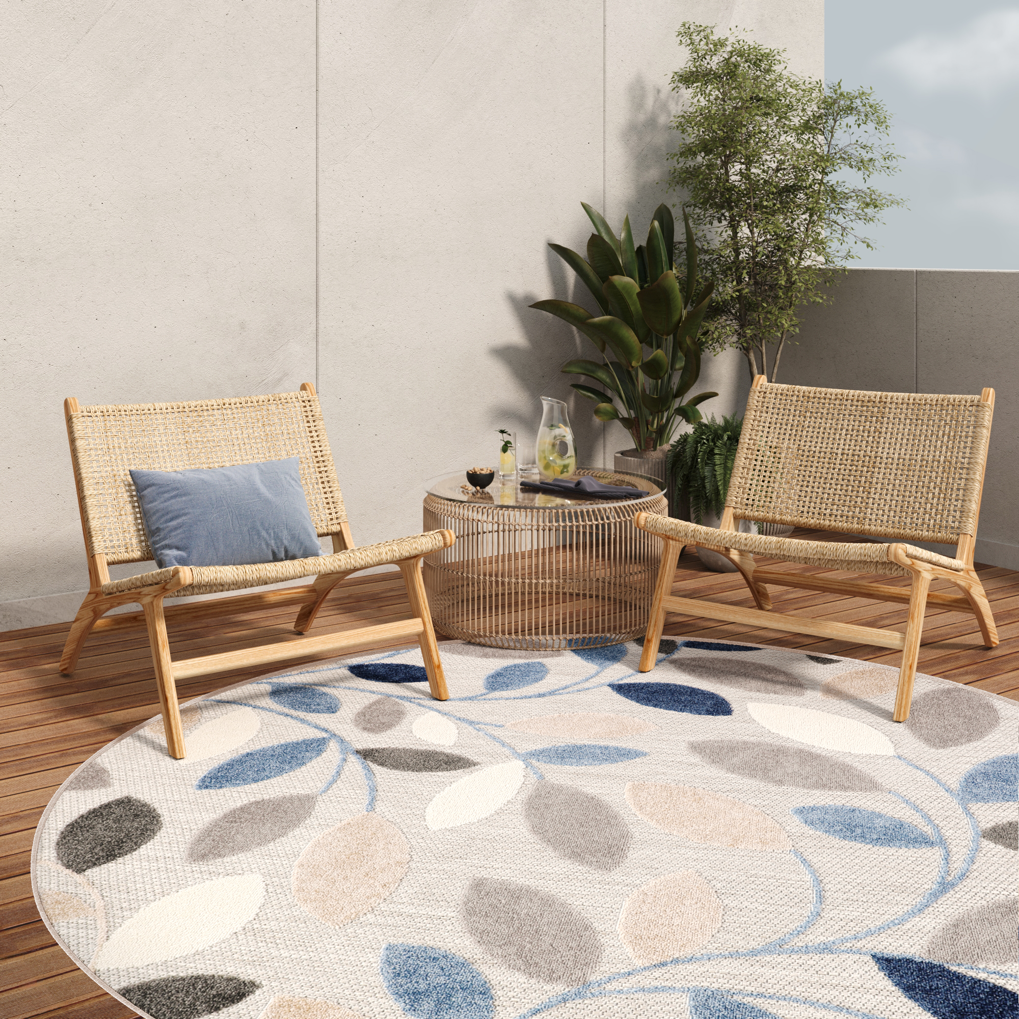 Outdoor Area Rug Patio Round Grey Blue Leaves