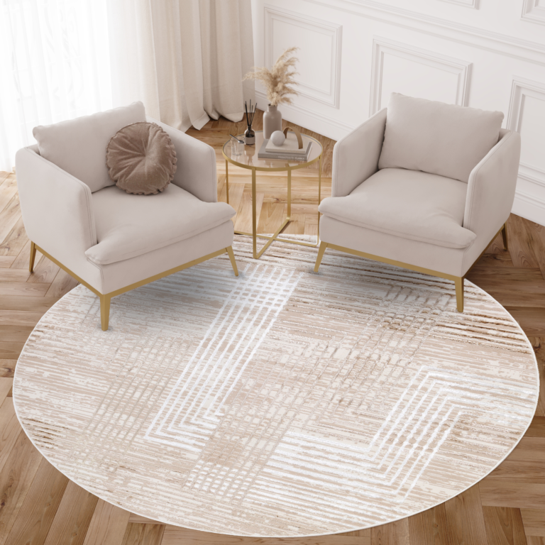 Area Rug Crystal Round Brown Beige Cream Stripes