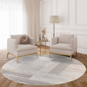 Area Rug Crystal Round Grey Beige Cream Stripes