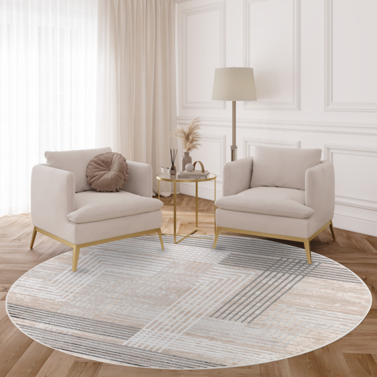 Area Rug Crystal Round Grey Beige Cream Stripes