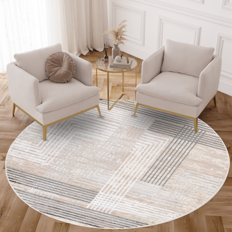 Area Rug Crystal Round Grey Beige Cream Stripes
