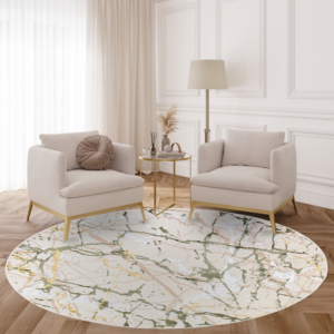 Area Rug Crystal Round Green Cream Abstract Marble