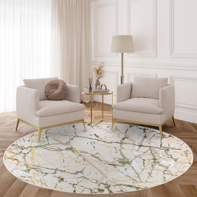 Area Rug Crystal Round Green Cream Abstract Marble