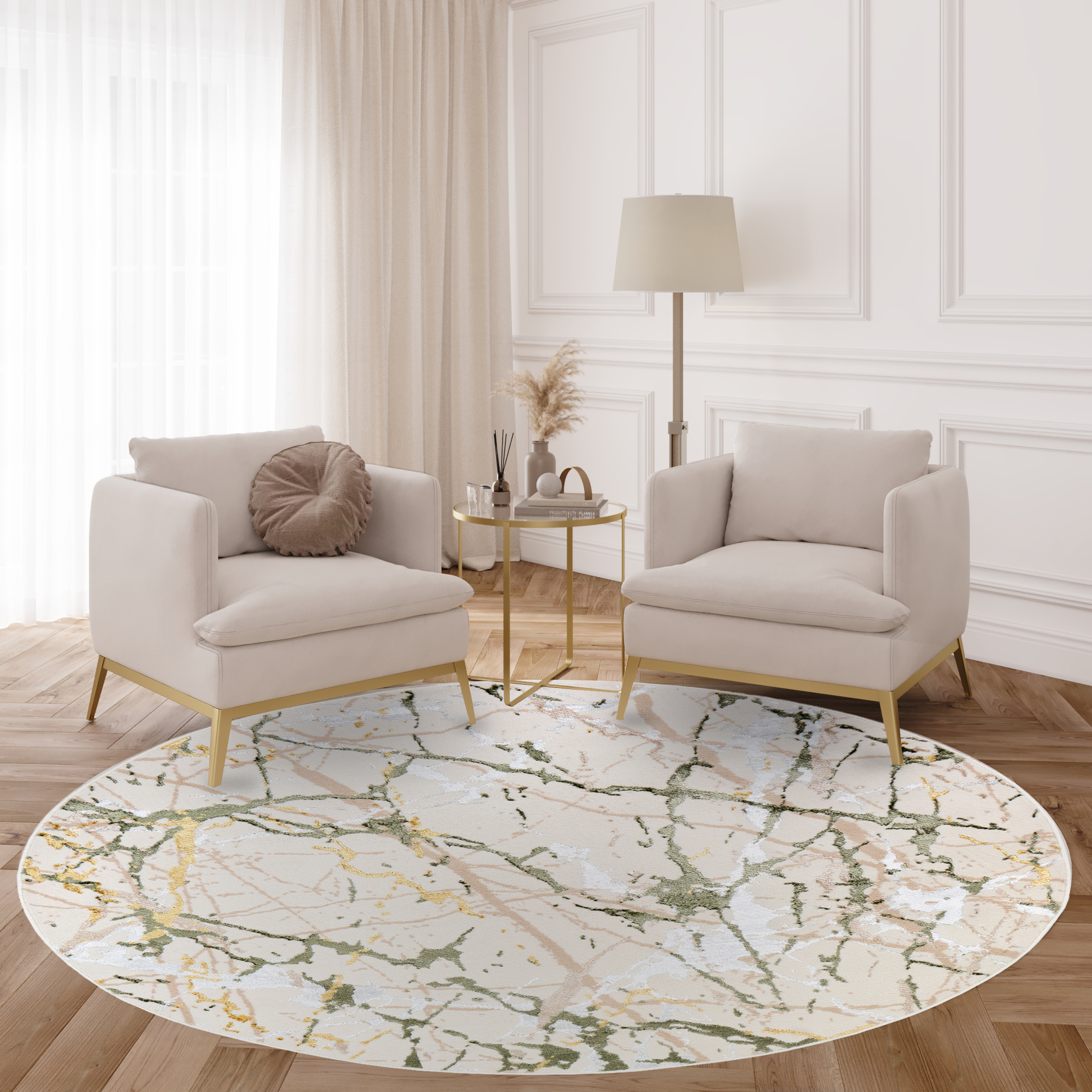 Area Rug Crystal Round Green Cream Abstract Marble
