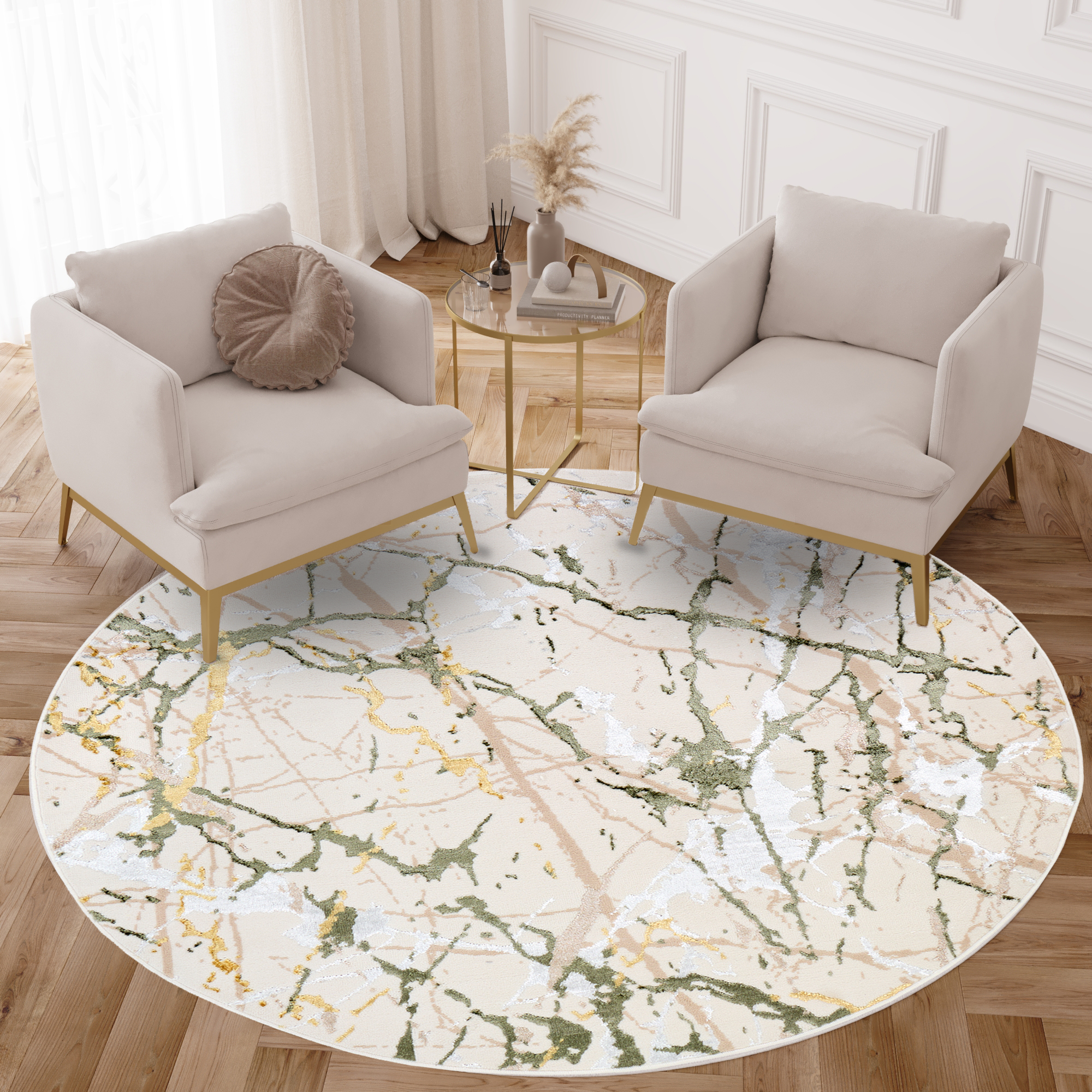 Area Rug Crystal Round Green Cream Abstract Marble
