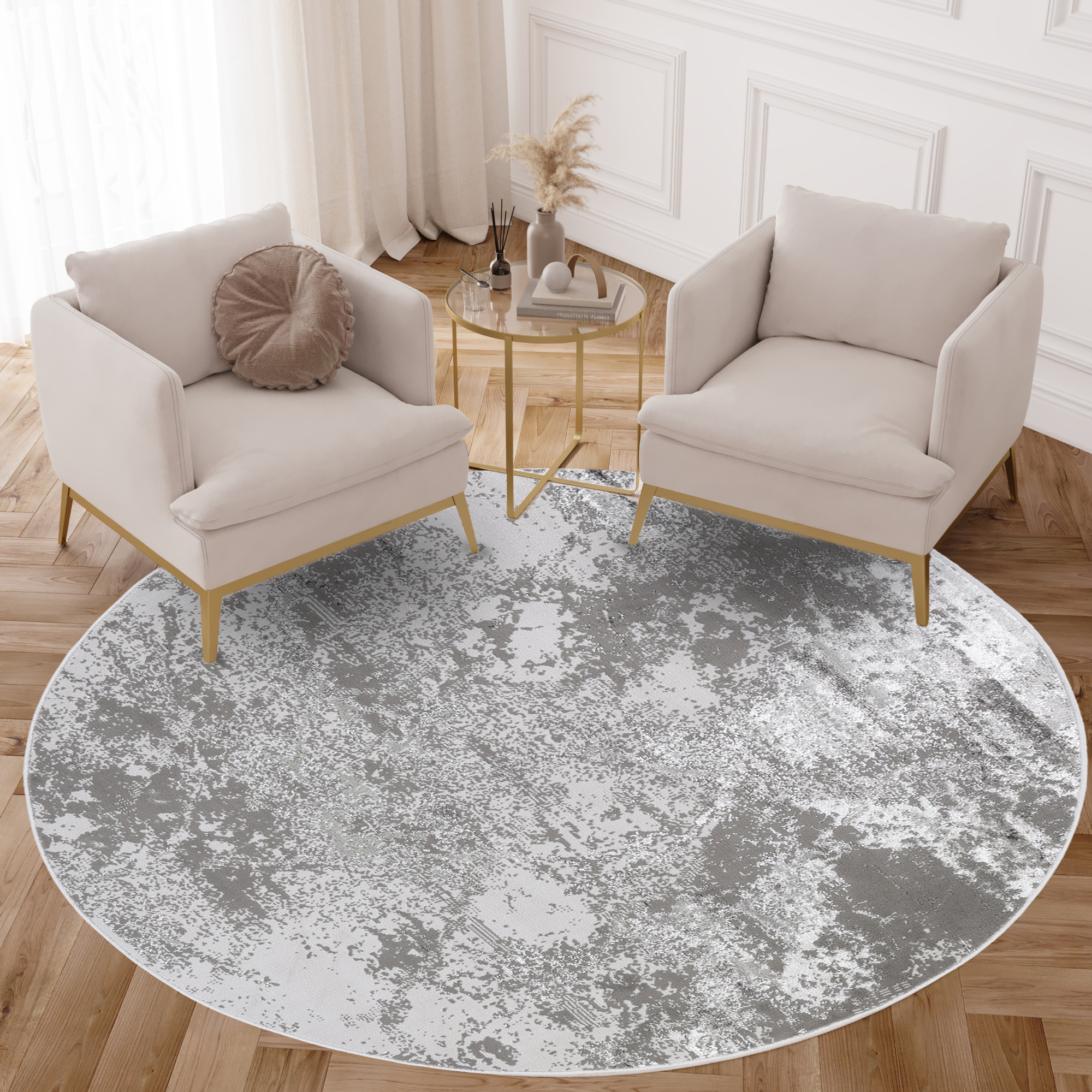 Area Rug Crystal Round Light Grey Marble
