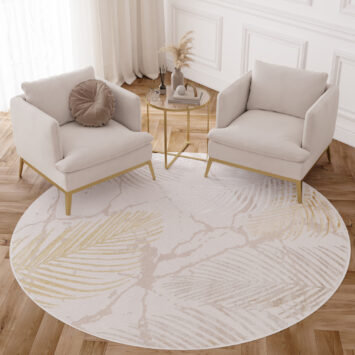 Area Rug Crystal Round Gold Brown Cream Leaves
