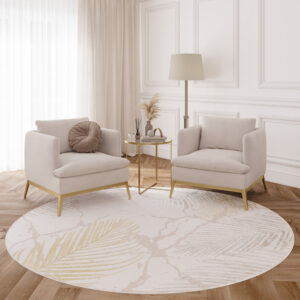Area Rug Crystal Round Gold Brown Cream Leaves
