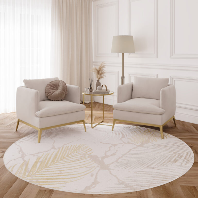 Area Rug Crystal Round Gold Brown Cream Leaves