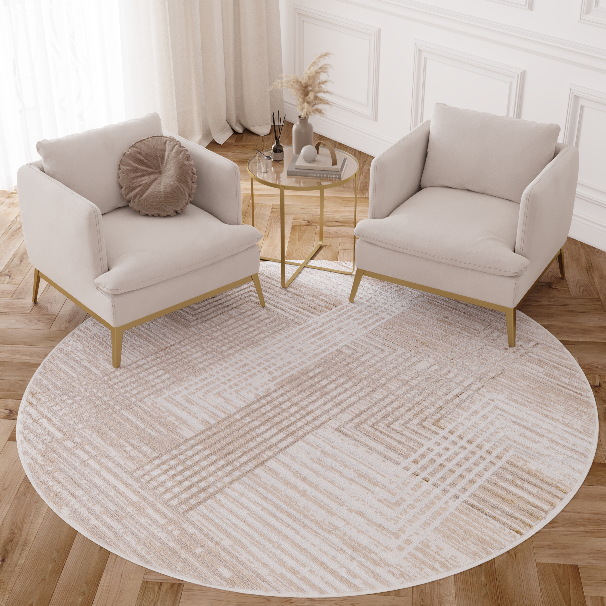 Area Rug Crystal Round Beige Brown Cream Stripes