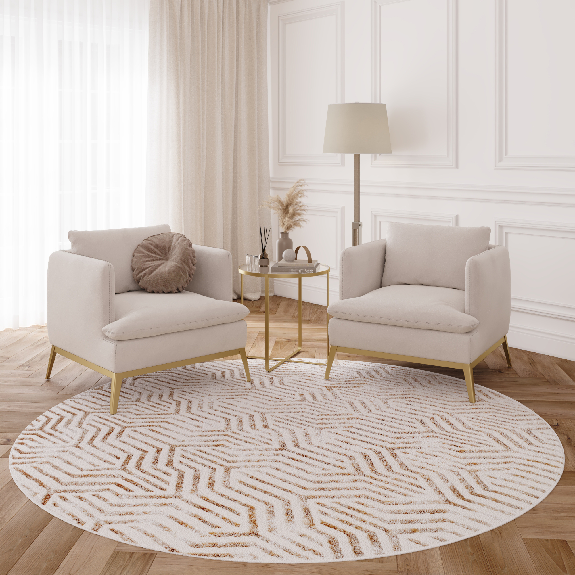 Area Rug Crystal Round Brown Cream Beige Lines