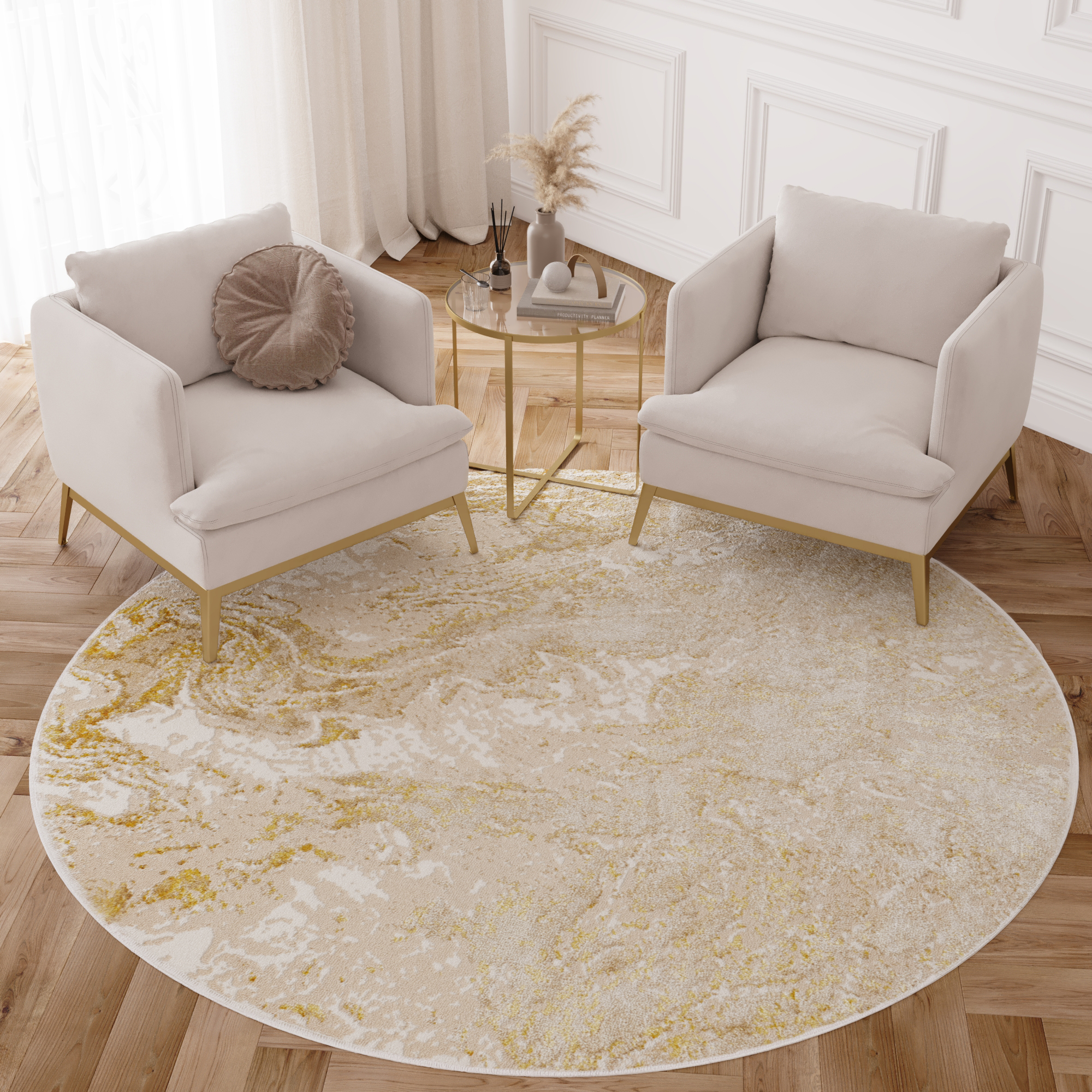 Area Rug Crystal Round Beige Gold Cream Marble