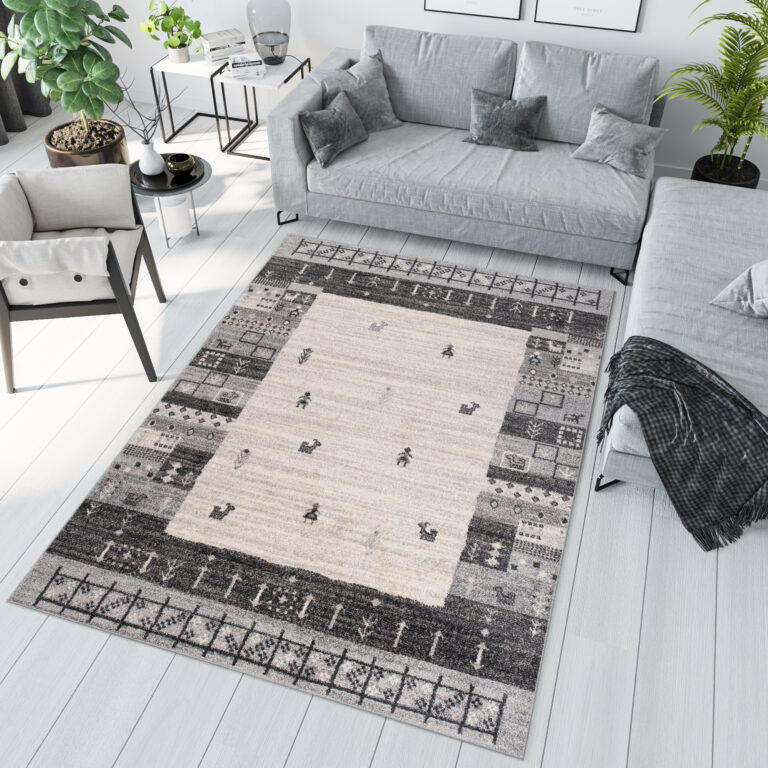 Area Rug Sari Grey Cream Ethnic Frame