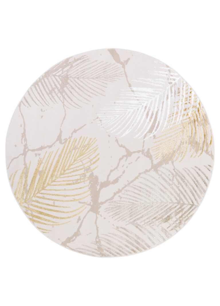 Area Rug Crystal Round Gold Brown Cream Leaves