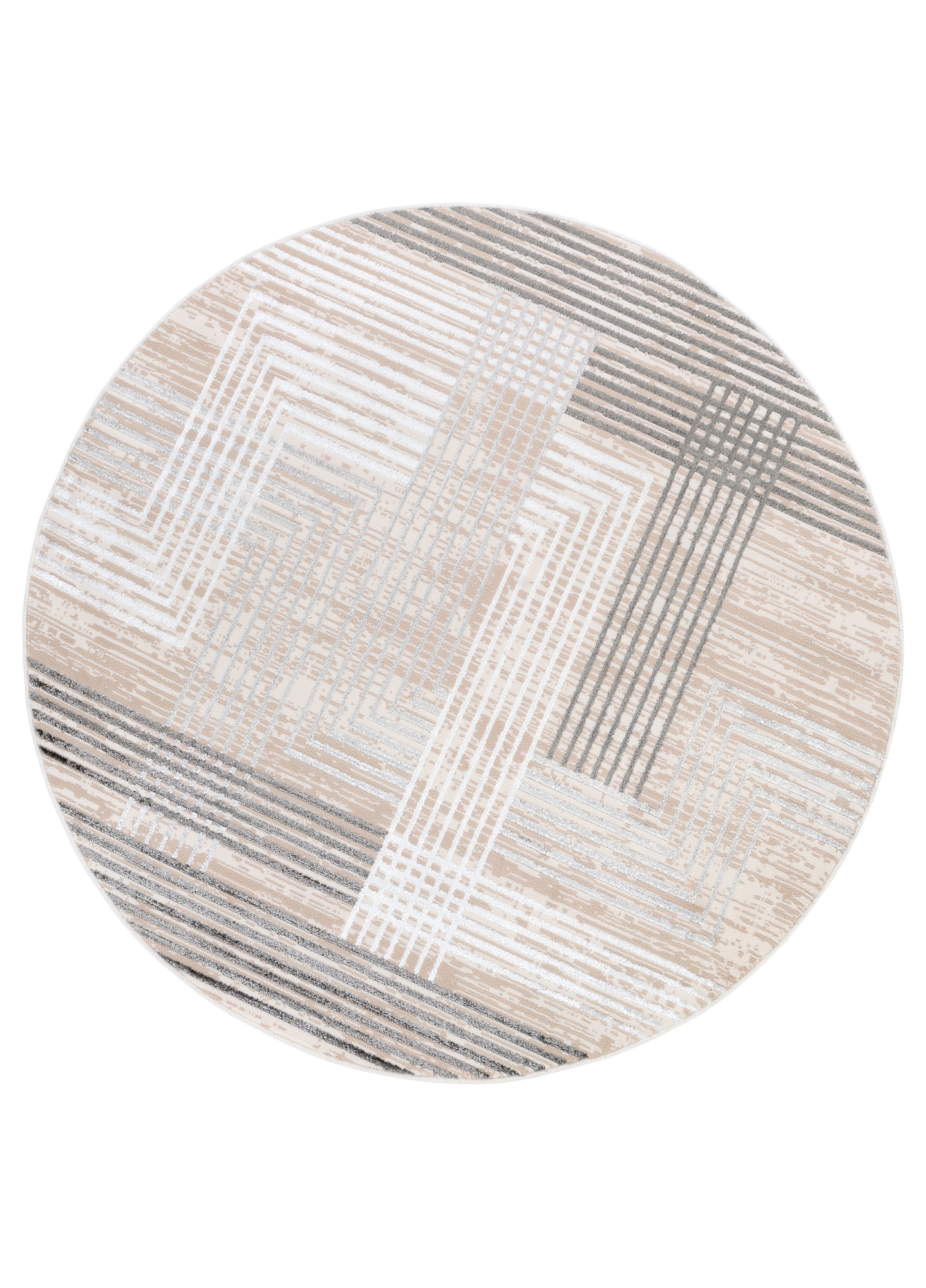 Area Rug Crystal Round Grey Beige Cream Stripes