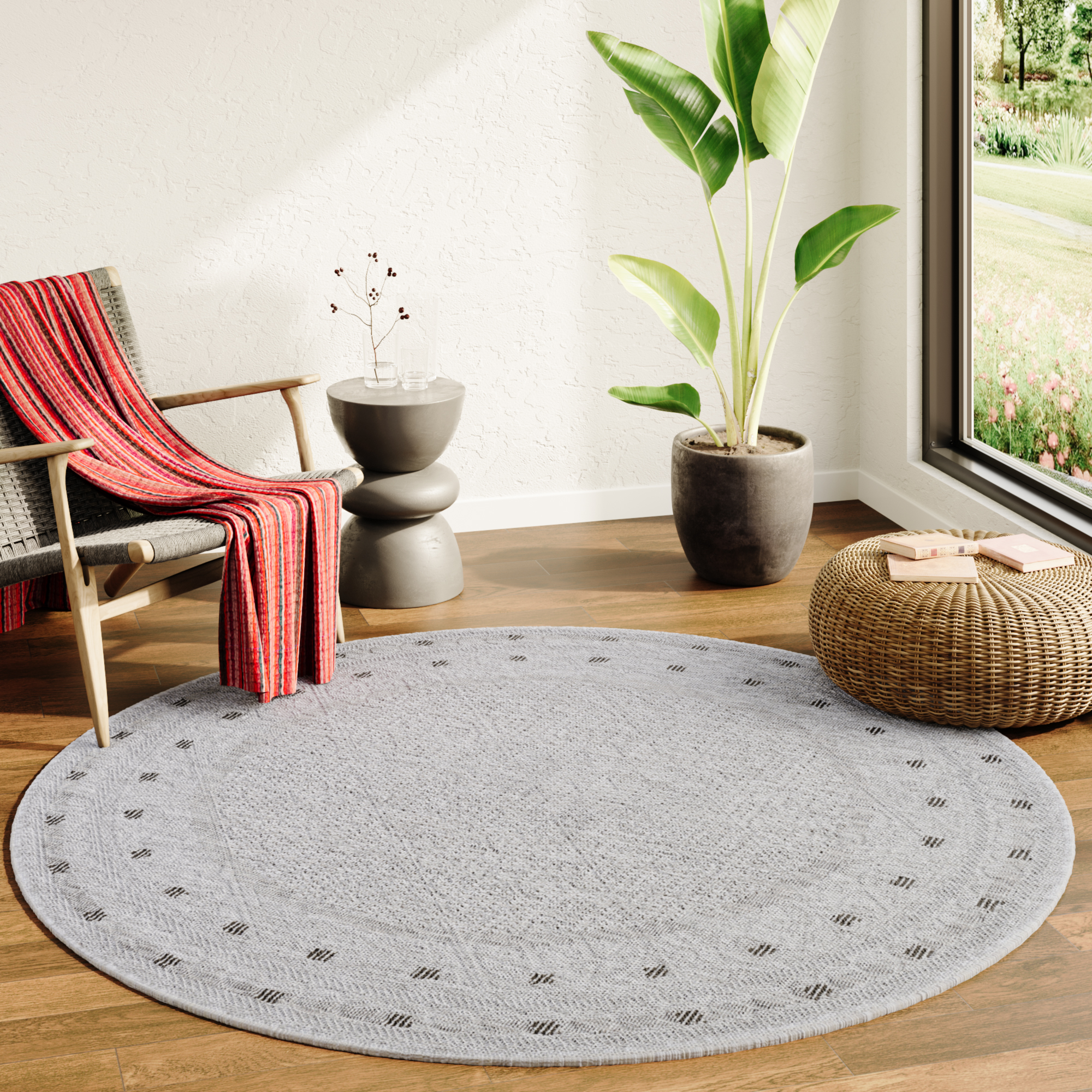 Area Rug Melissa Round Grey Frame Indoor Outdoor