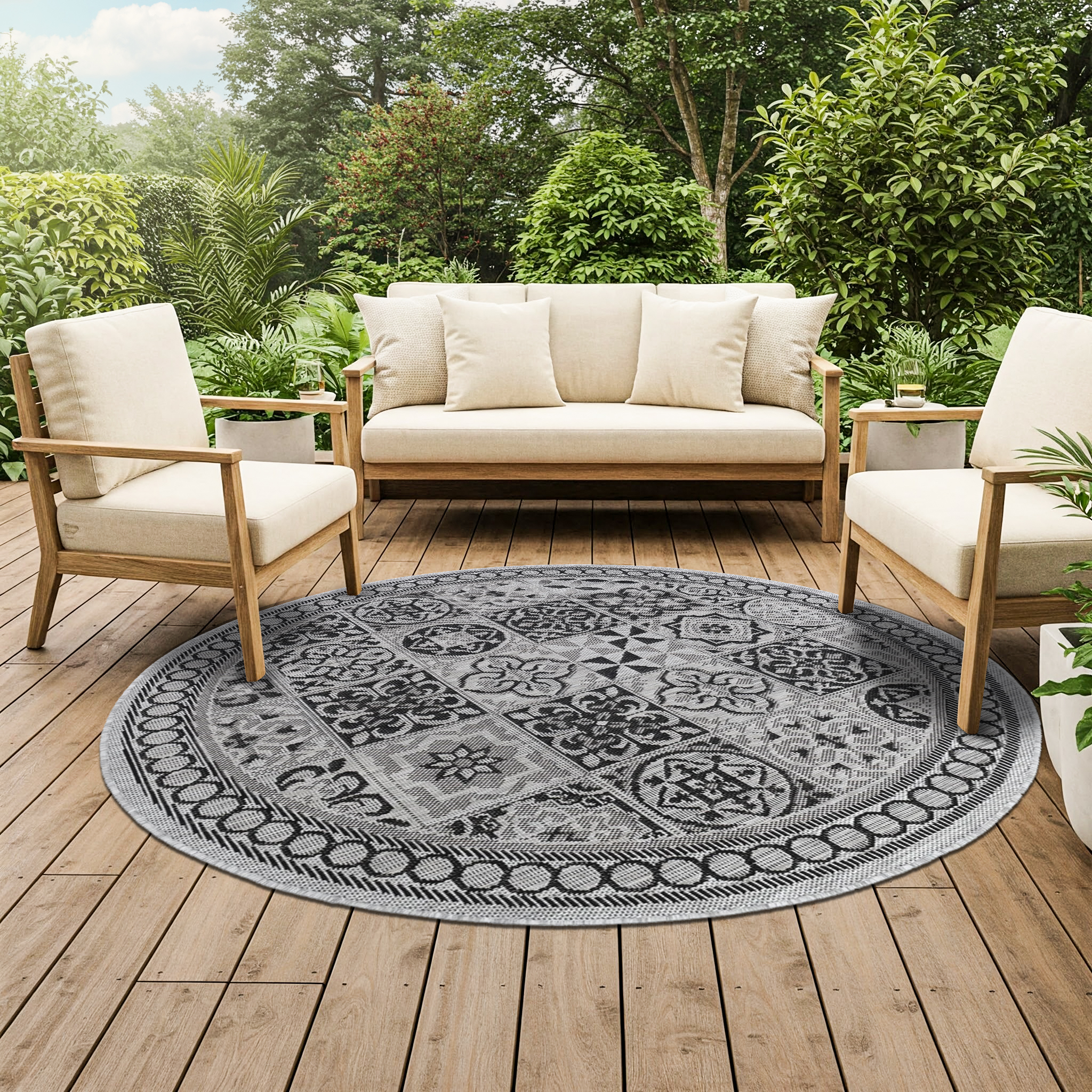 Area Rug Melissa Round Grey Black Mosaic Indoor Outdoor