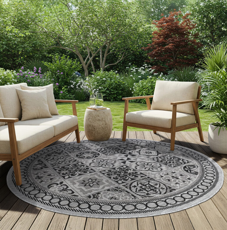 Area Rug Melissa Round Grey Black Mosaic Indoor Outdoor