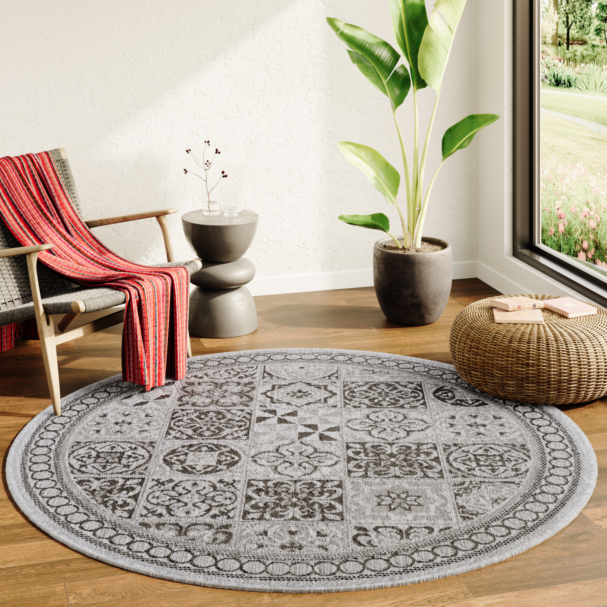 Area Rug Melissa Round Grey Black Mosaic Indoor Outdoor