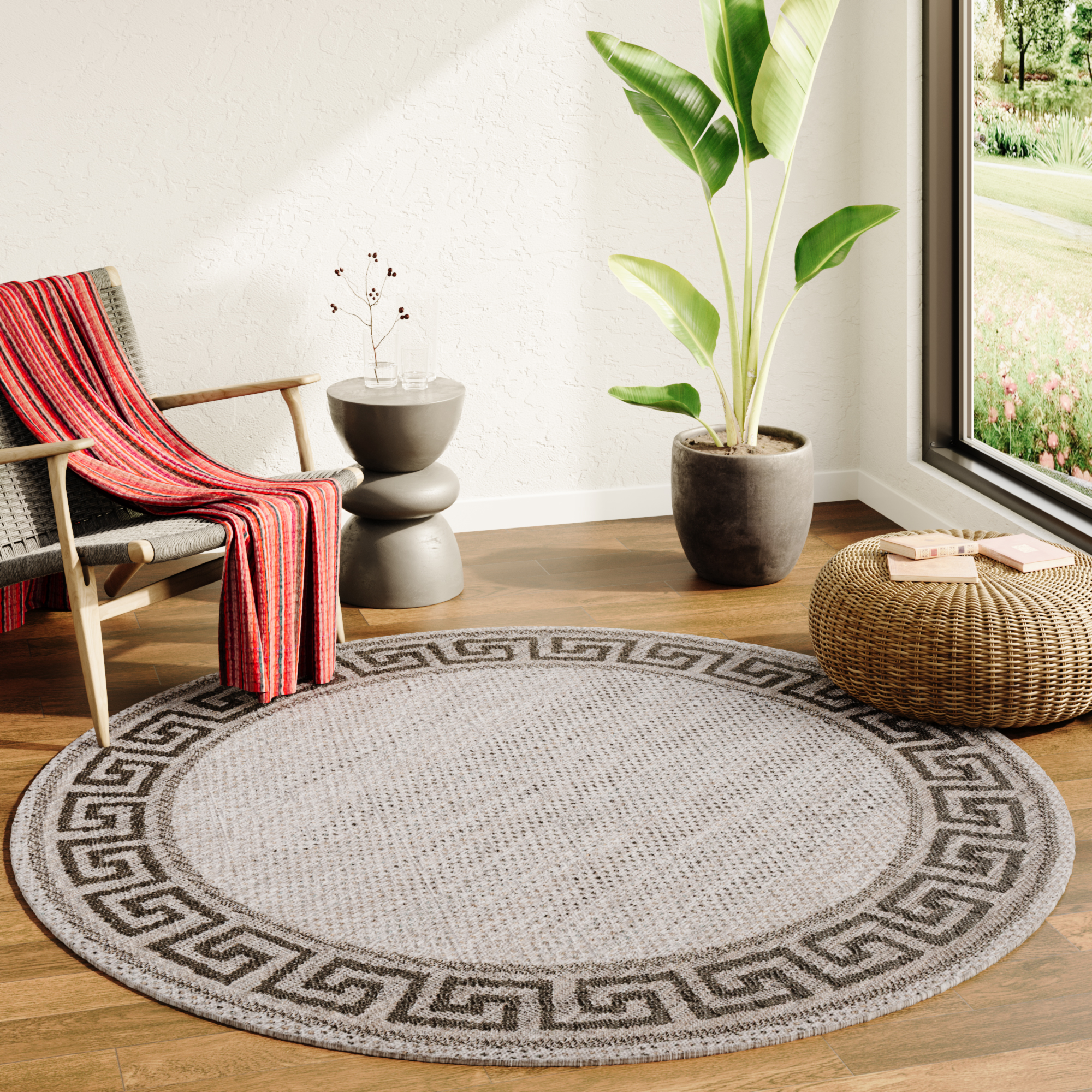 Area Rug Melissa Round Grey Black ZigZag Indoor Outdoor