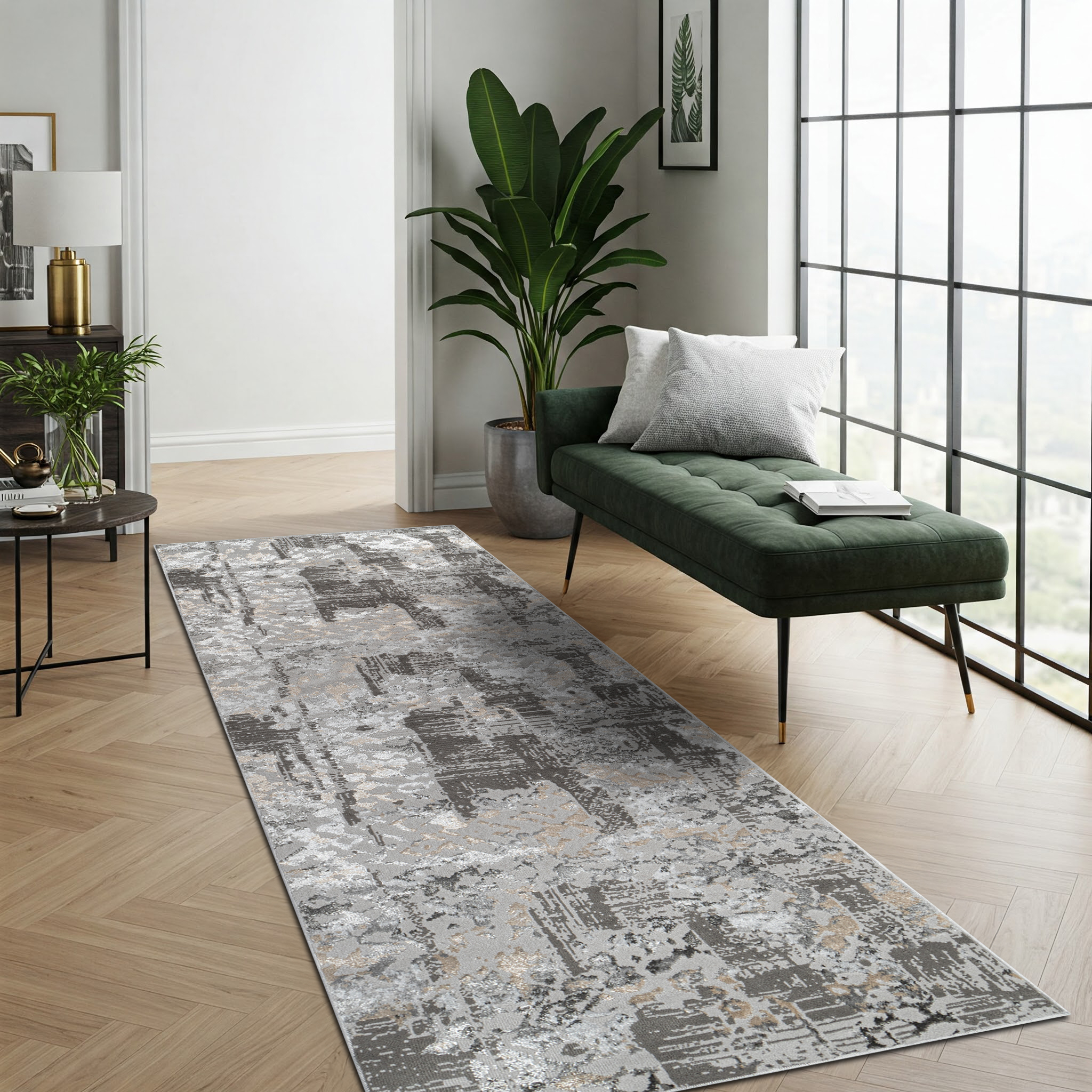 Carpet Runner Crystal Dark Grey Beige Abstract