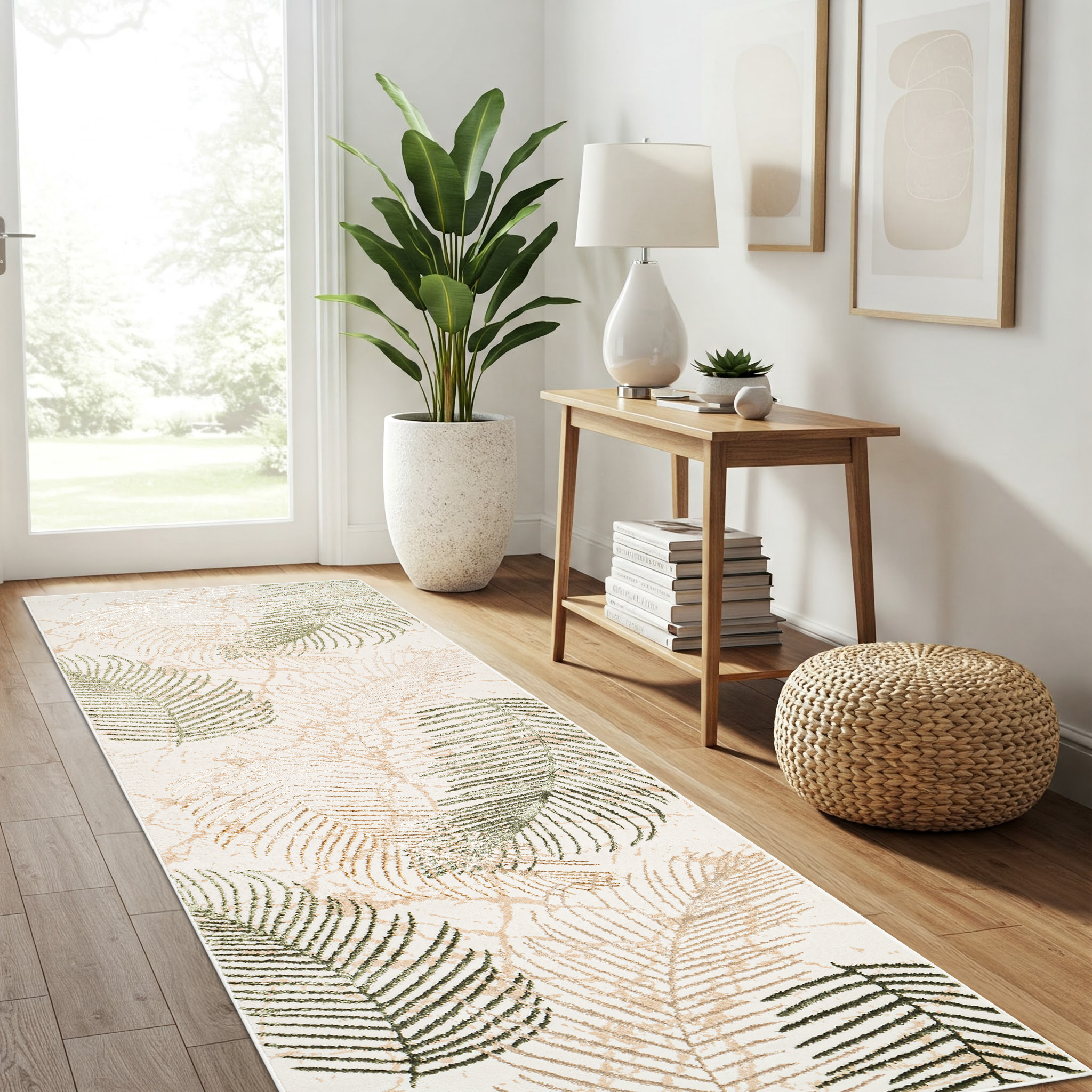 Carpet Runner Crystal Beige Green Leaves