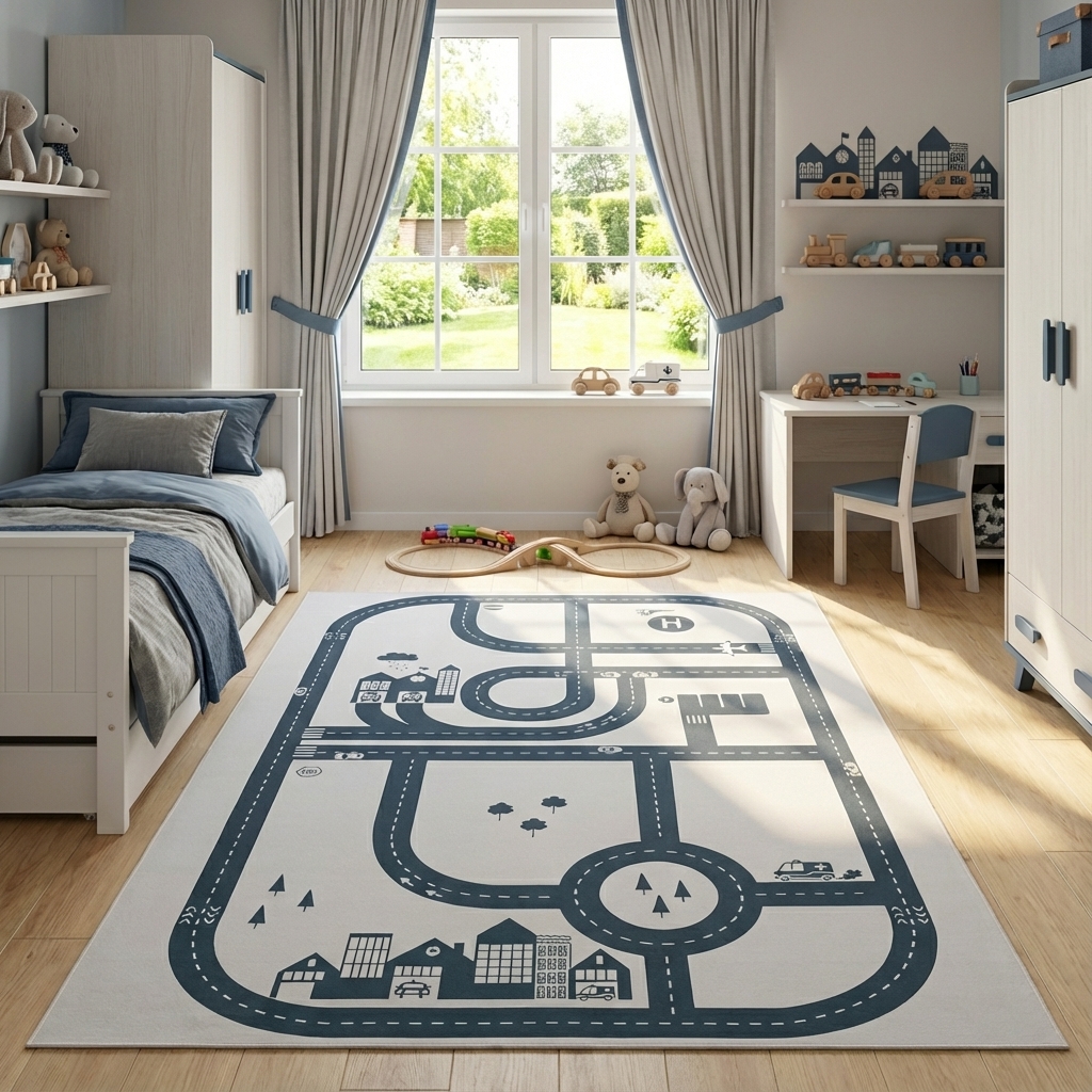 Children’s Rug Snooki Town Gray Navy Blue Non-Slip