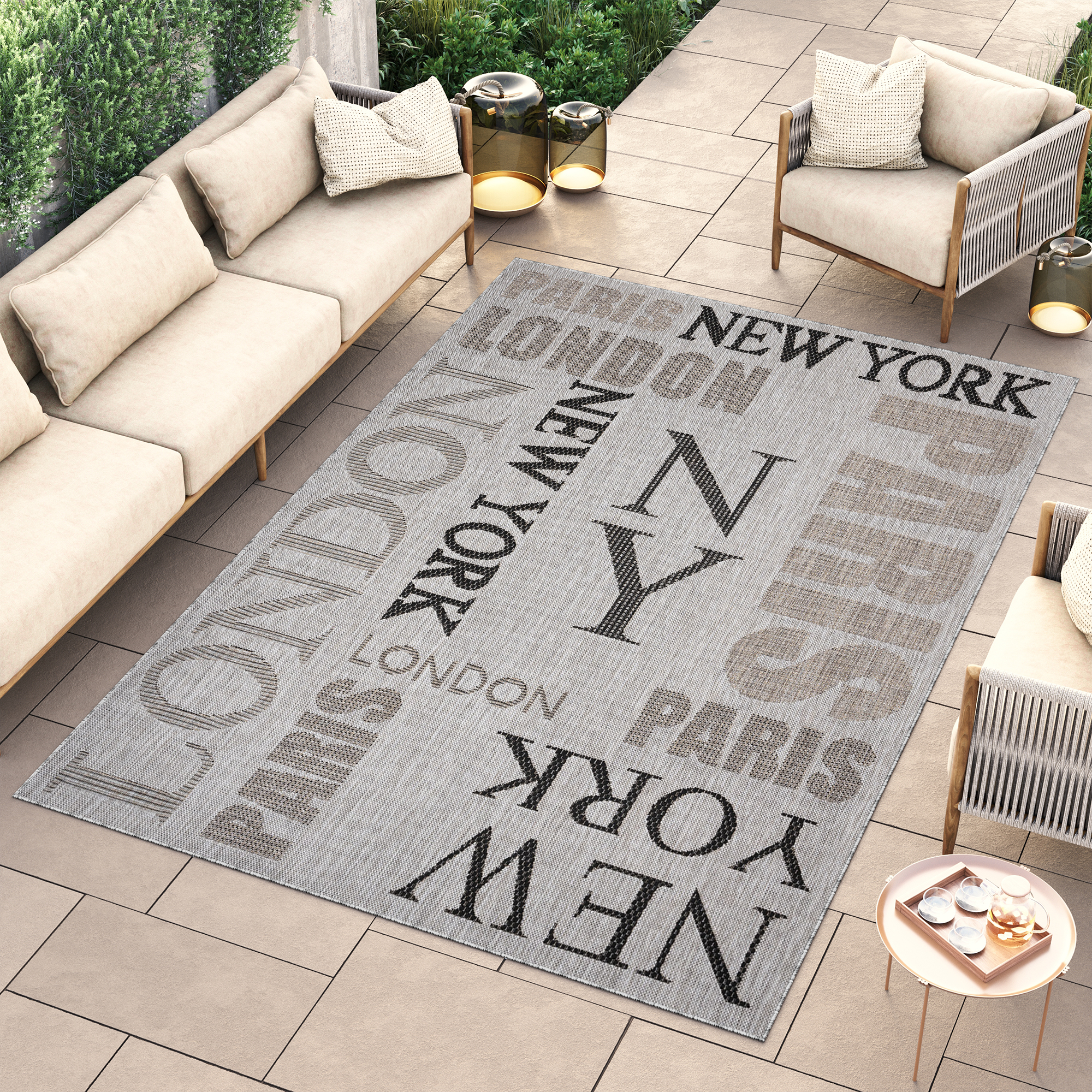 Area Rug Melissa Grey Black Cities Indoor Outdoor