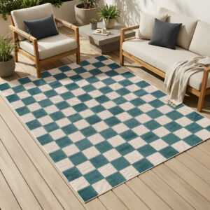 Checker Outdoor Rug Cream Turquoise