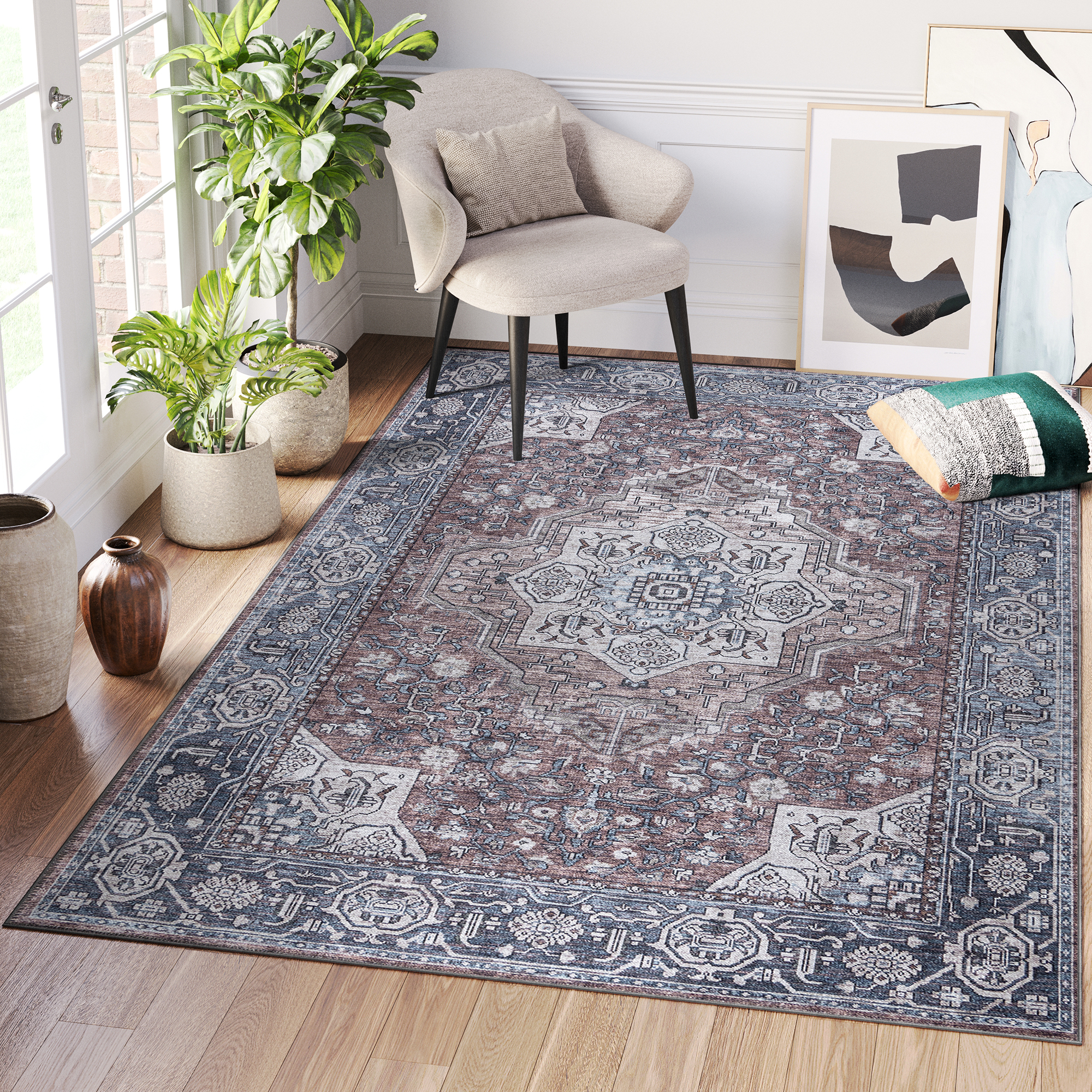 Dubai Navy Blue Vintage Non-Slip Rug