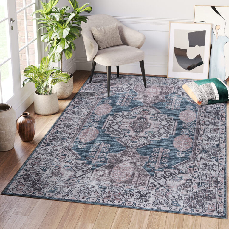 Dubai Navy Blue Distressed Non-Slip Rug