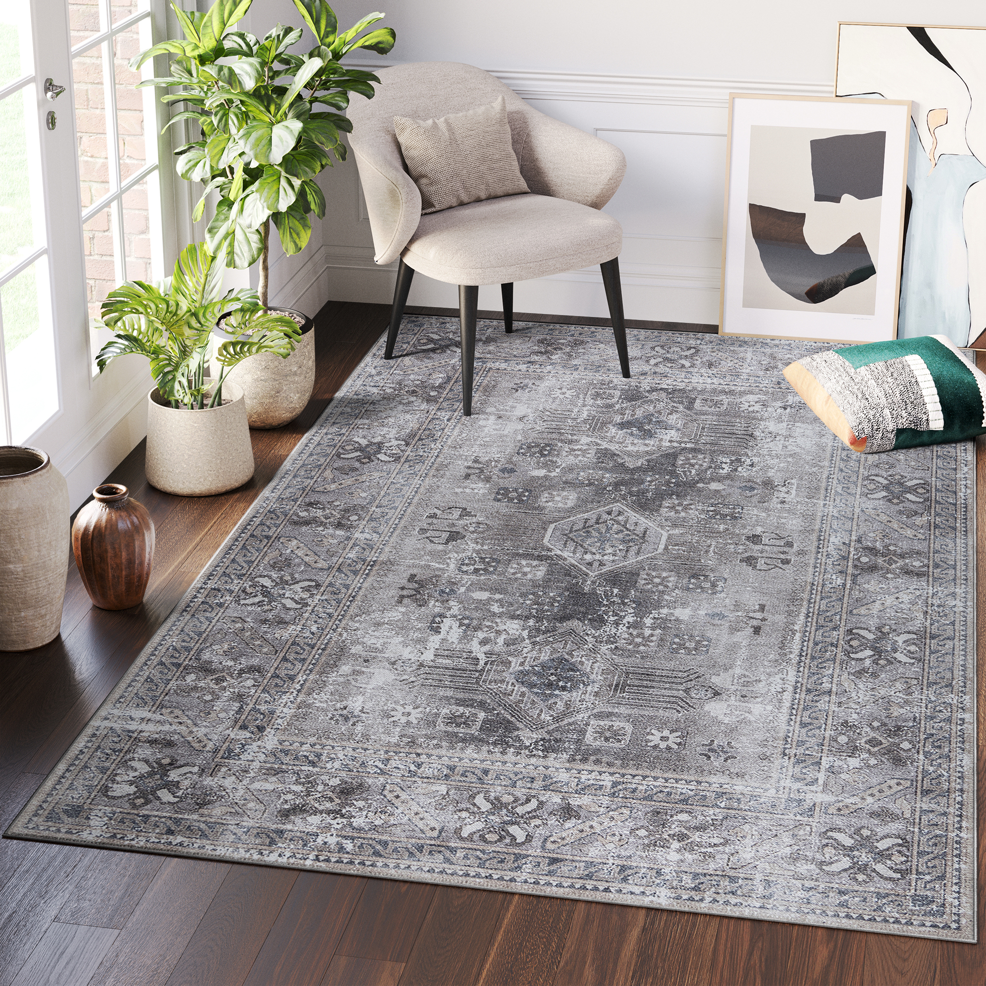 Dubai Grey Distressed Non-Slip Rug