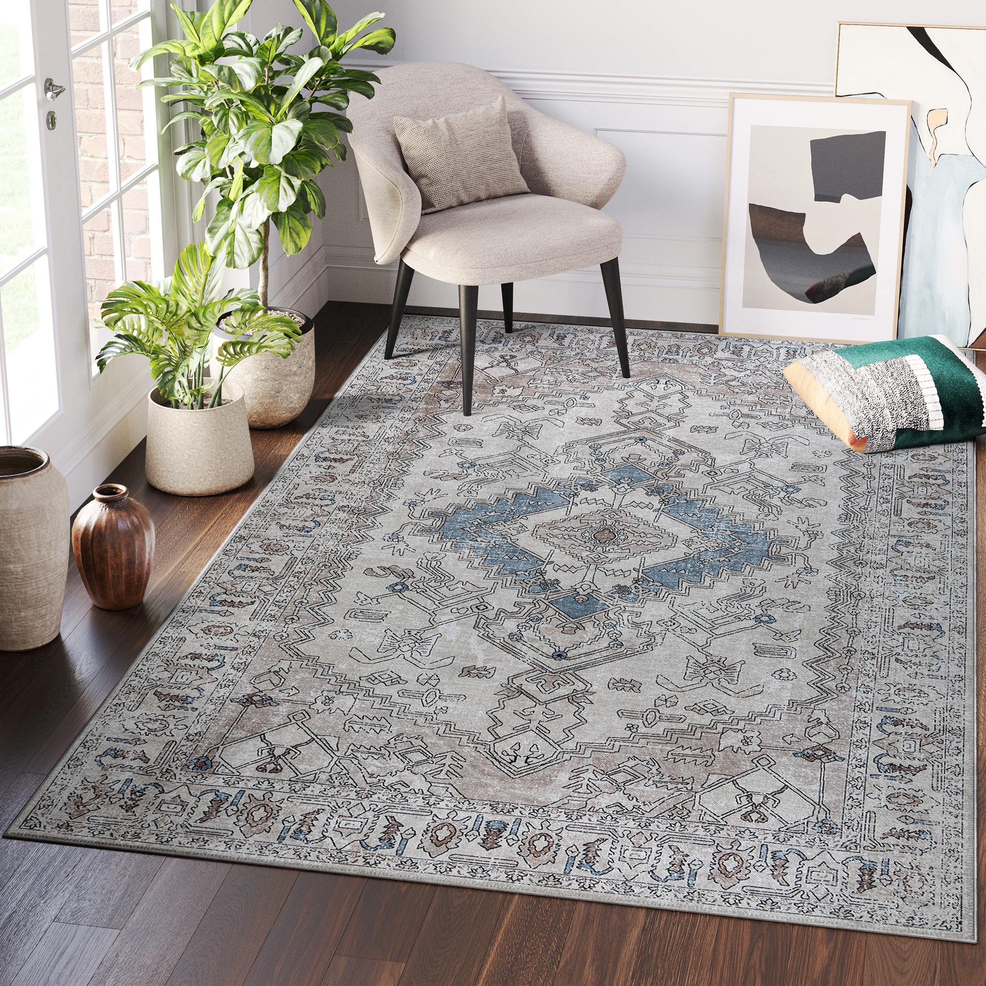 Dubai Grey Beige Vintage Non-Slip Rug