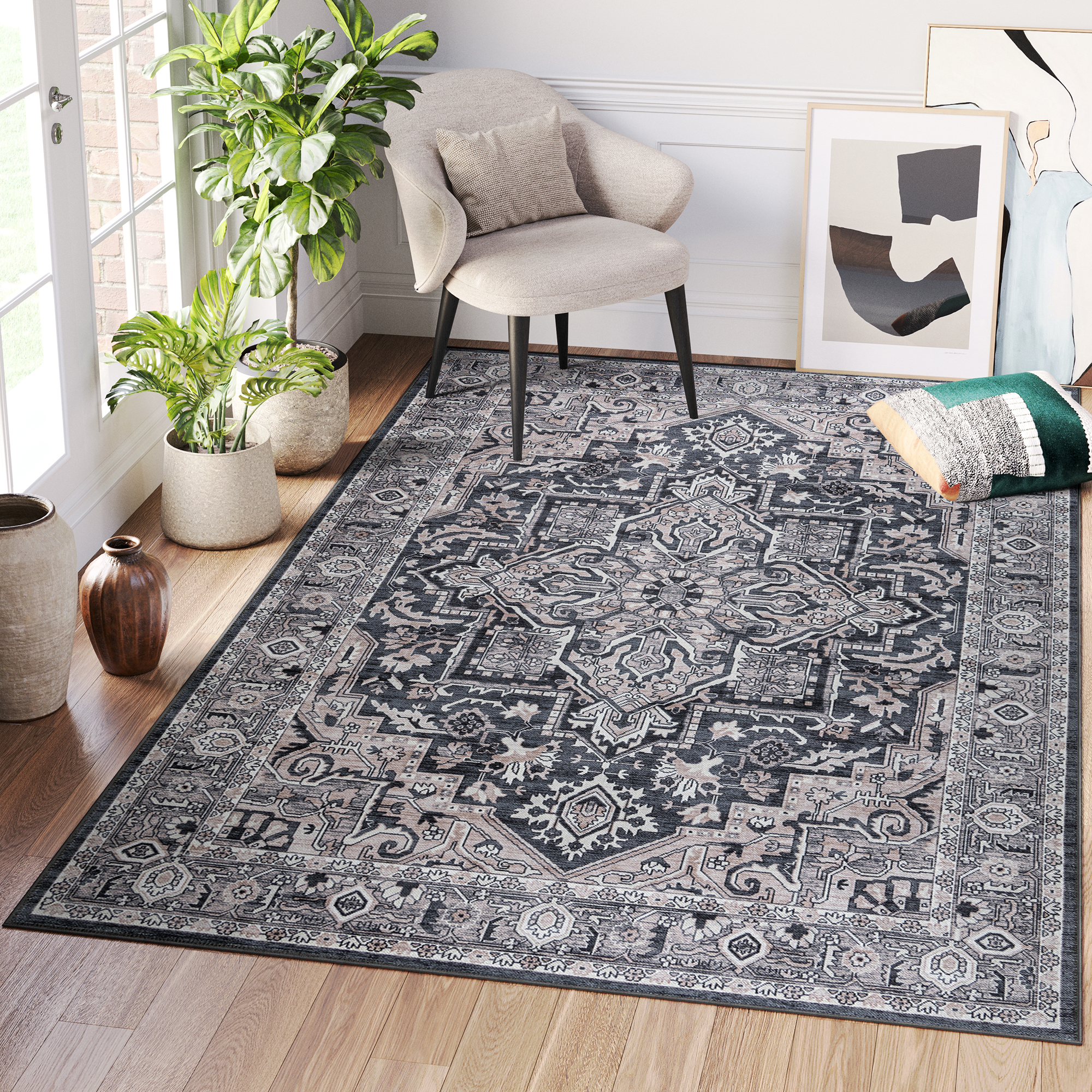 Dubai Navy Blue Medallion Non-Slip Rug