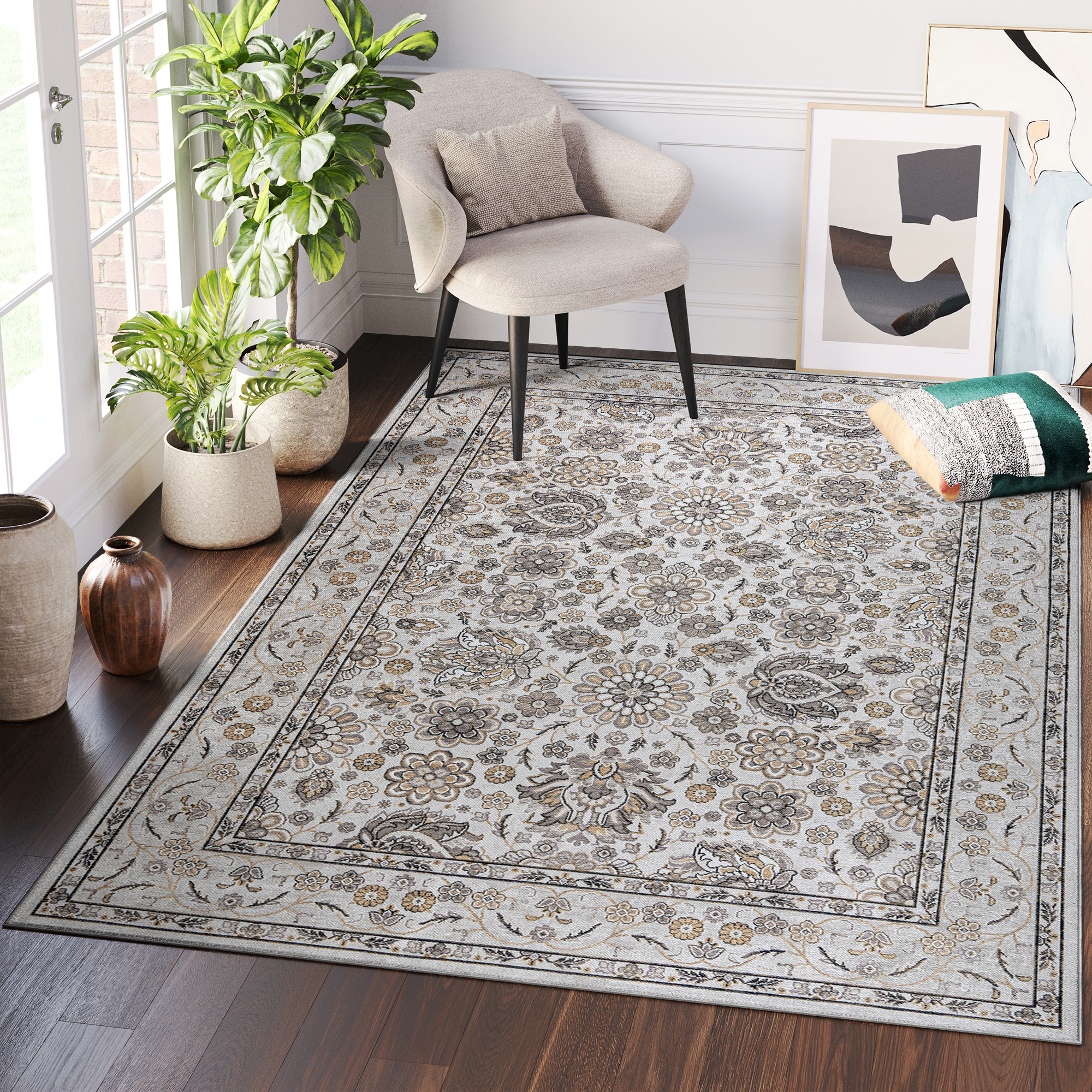 Dubai Beige Floral Pattern Non-Slip Rug