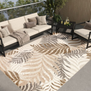 Outdoor Patio Rug Beige Leaves