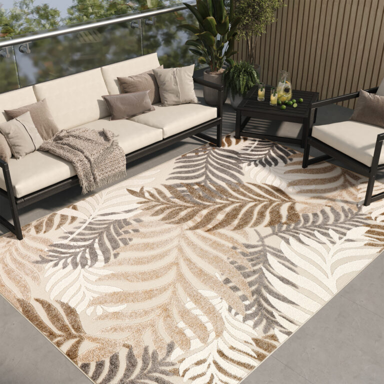 Outdoor Patio Rug Beige Leaves
