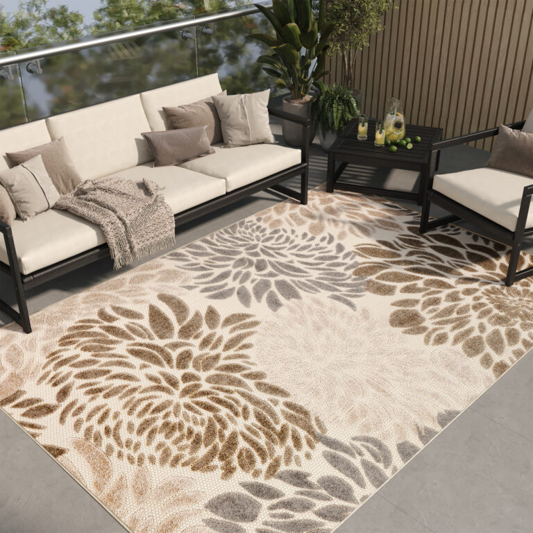 Outdoor Patio Rug Beige Flowers