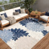 Outdoor Patio Rug Gray Blue Flowers