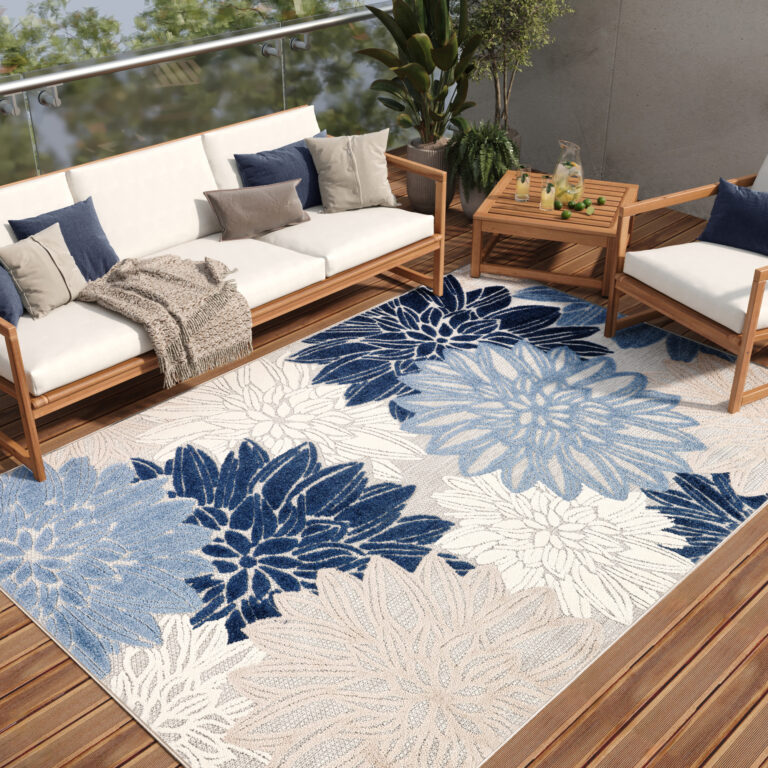Outdoor Patio Rug Gray Blue Flowers