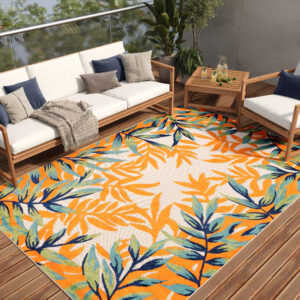Outdoor Patio Rug Multicolor Leaf Motif