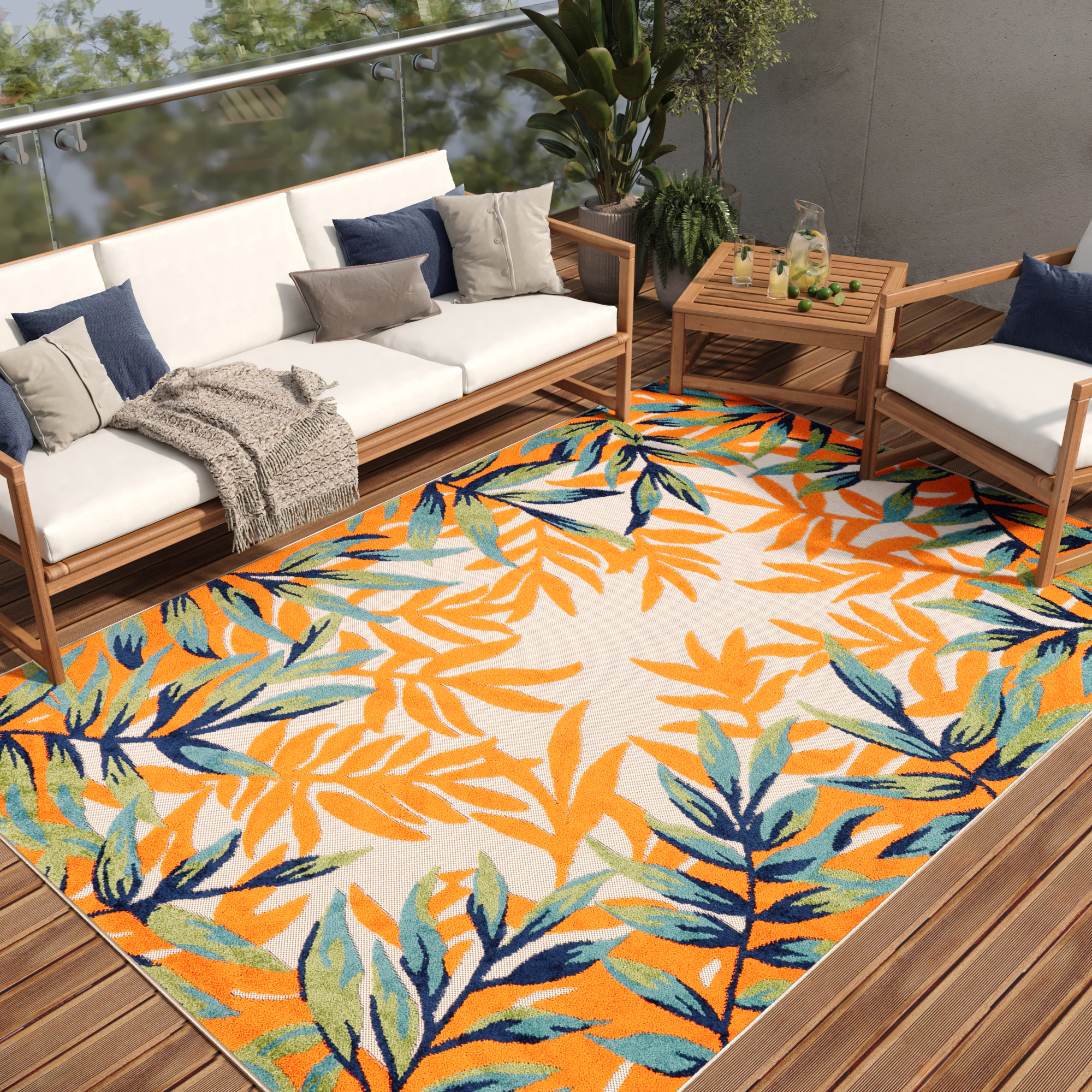 Outdoor Patio Rug Multicolor Leaf Motif