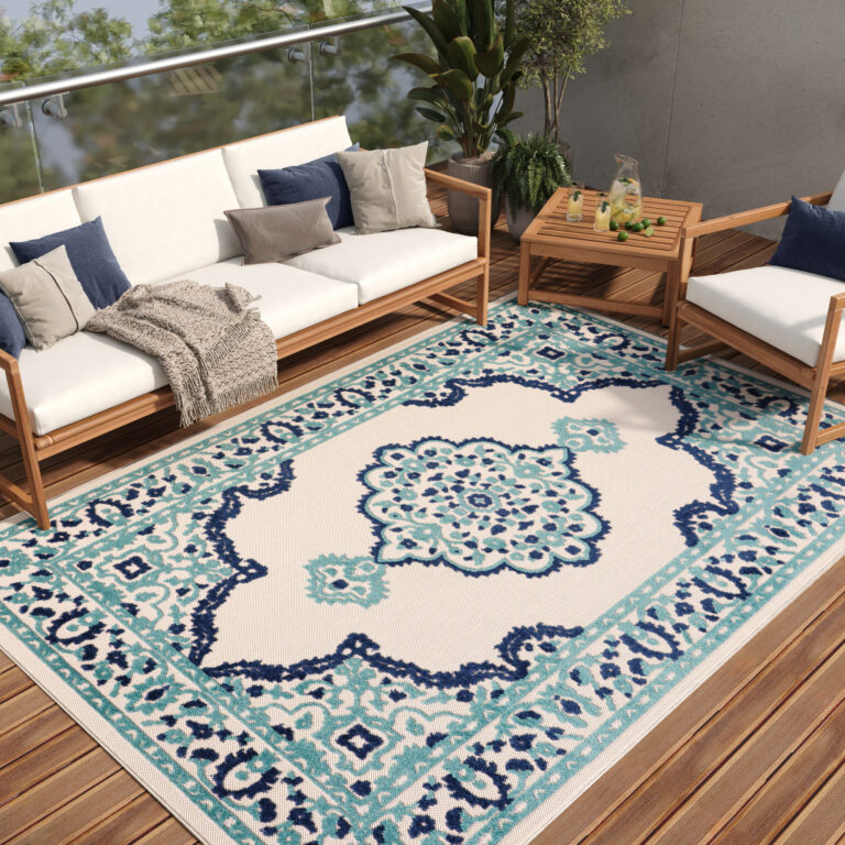 Outdoor Patio Rug Blue Rosette