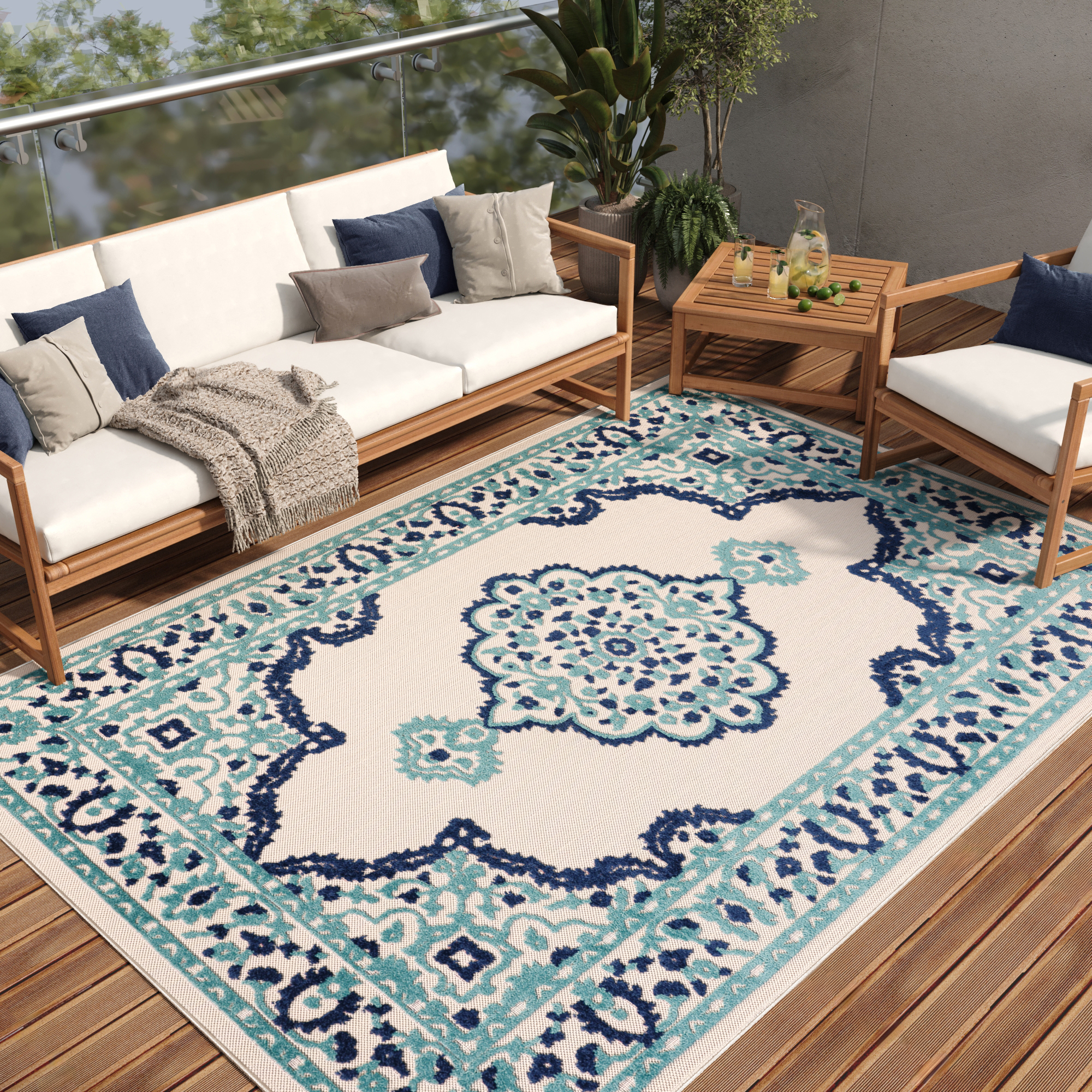 Outdoor Patio Rug Blue Rosette
