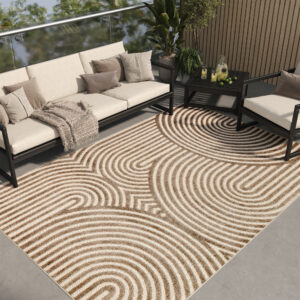 Outdoor Patio Rug Beige Cream Lines