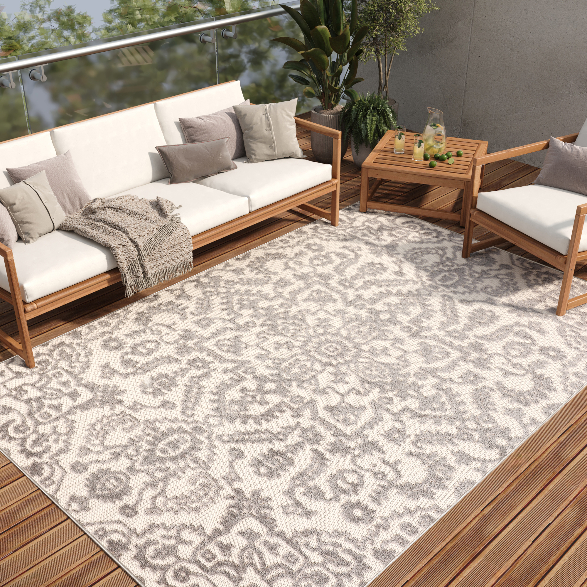 Outdoor Patio Rug Cream Gray Ornaments