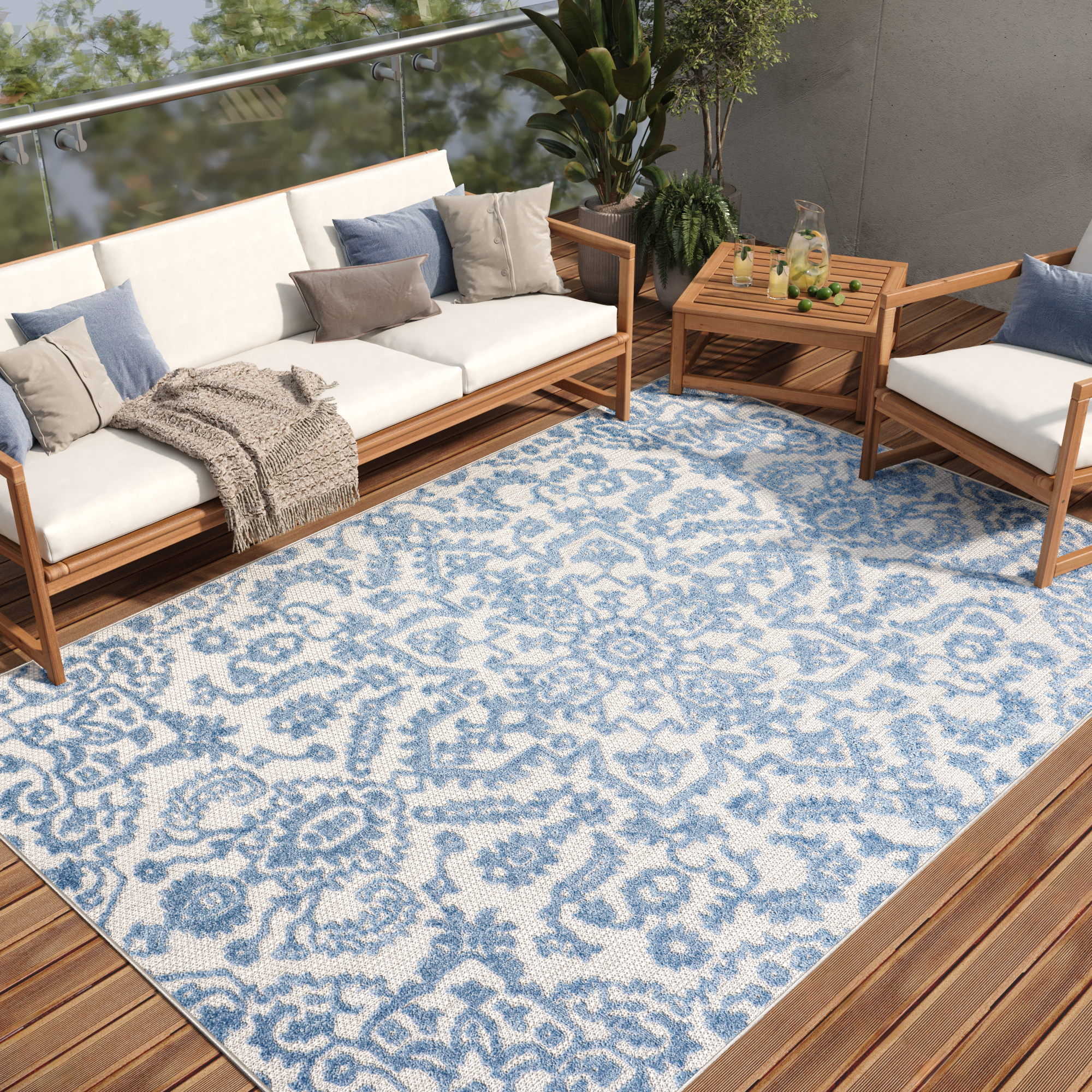 Outdoor Patio Rug Blue Ornaments