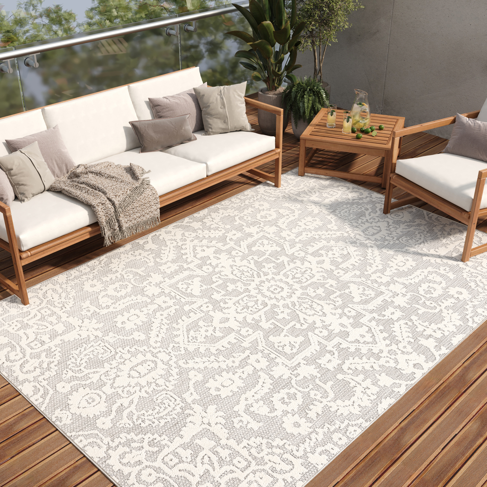Outdoor Patio Rug Gray Cream Ornaments