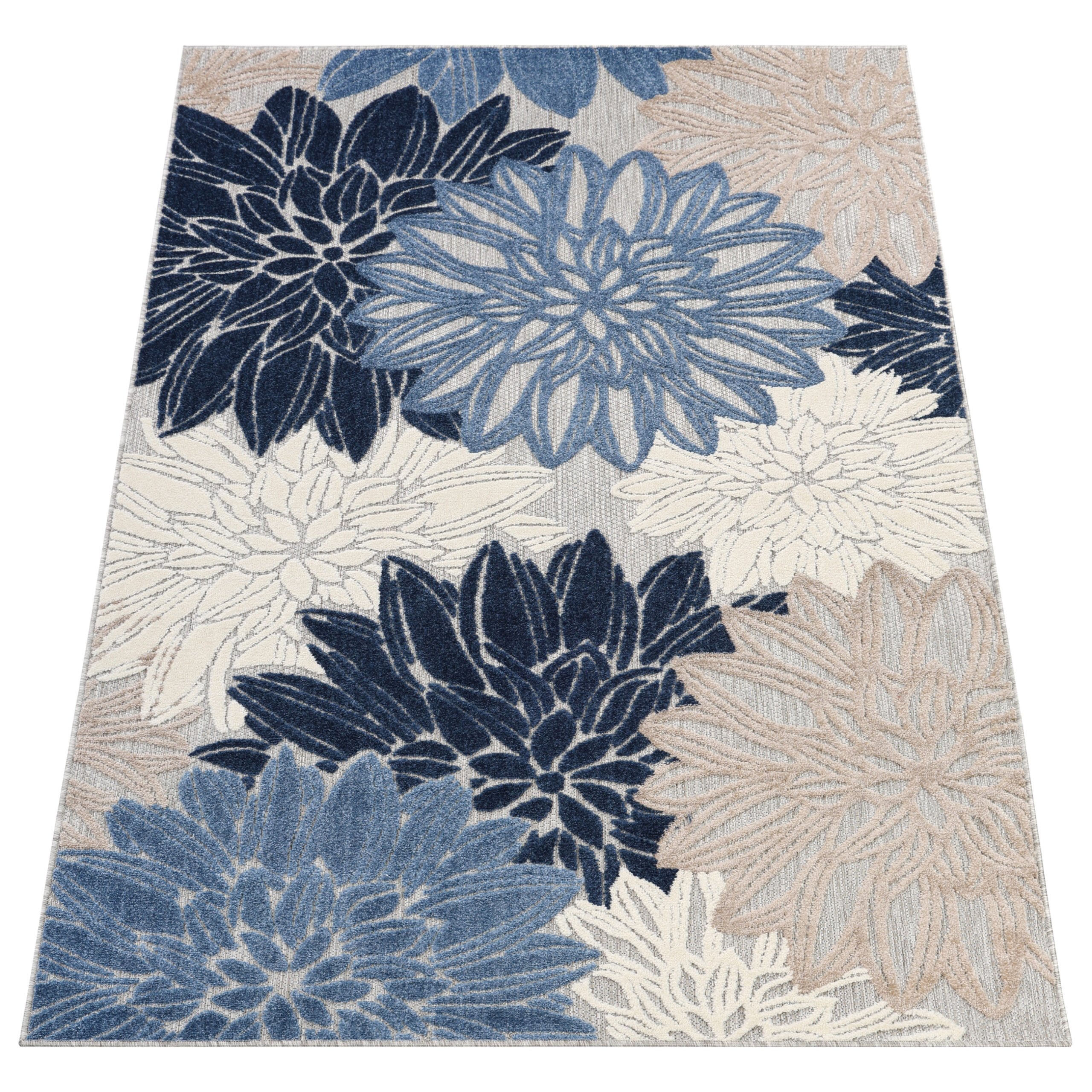 Outdoor Patio Rug Gray Blue Flowers