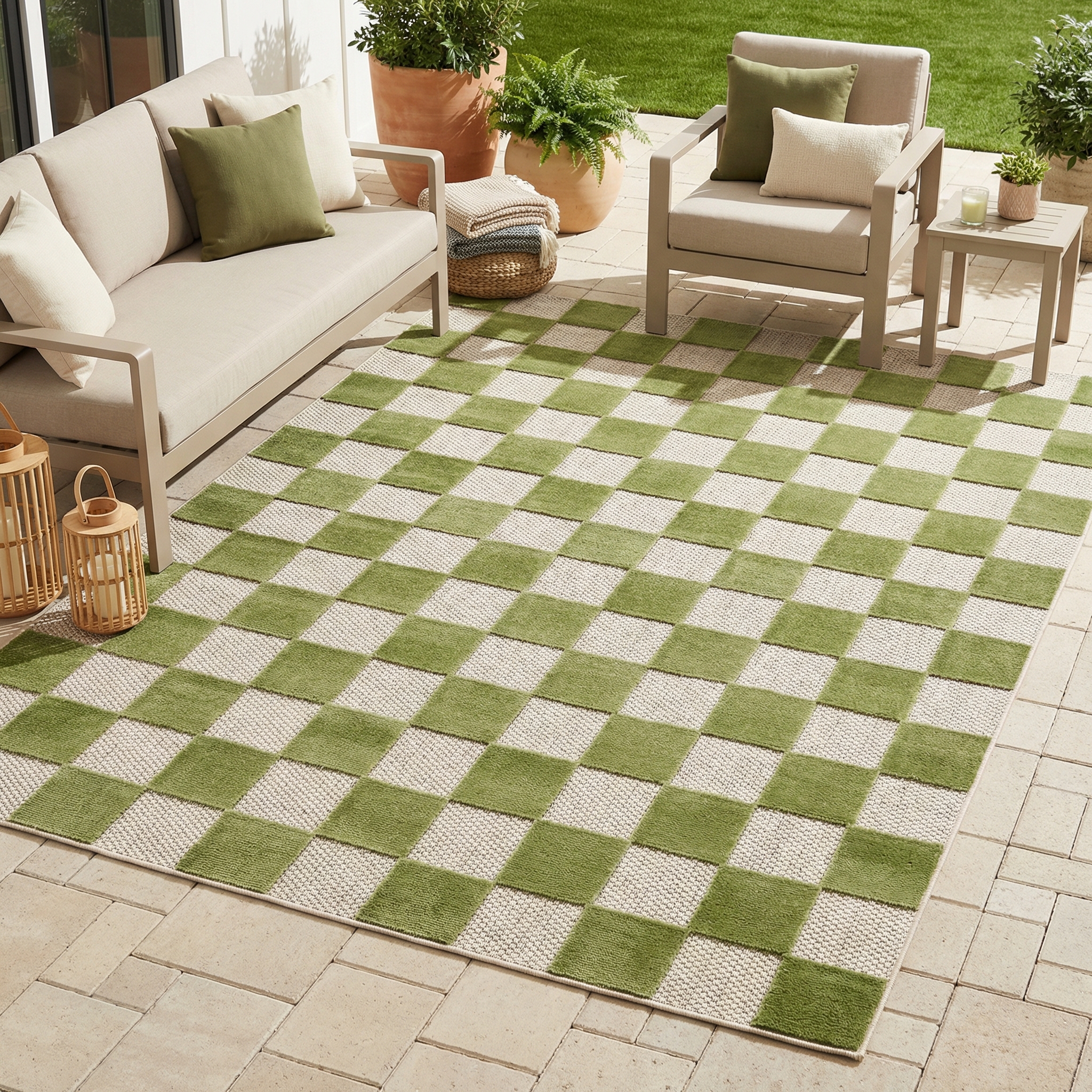 Checker Outdoor Rug Cream Green